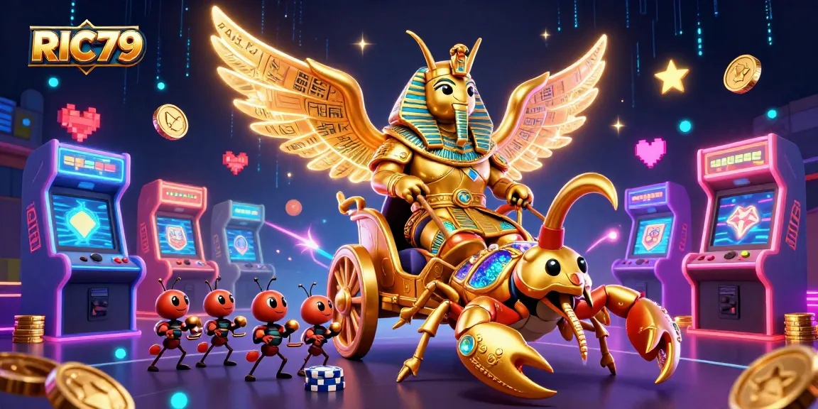 Engage with RIC79's vibrant casino world featuring a golden scarab beetle and glowing game elements.
