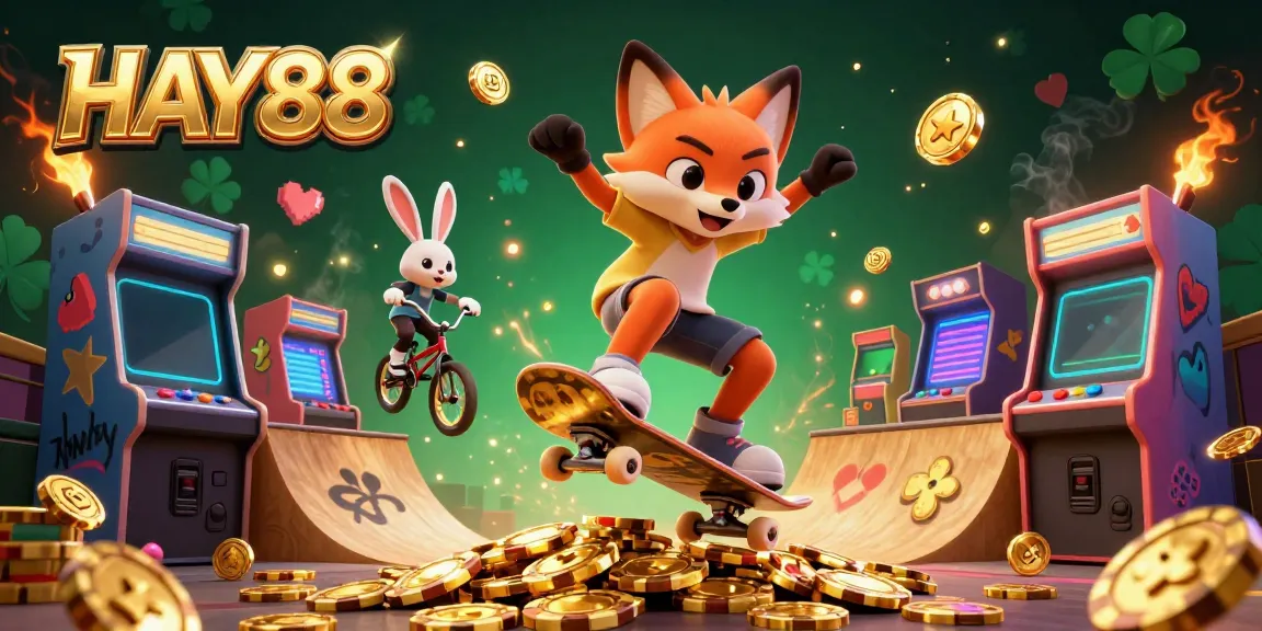 HAY88: 3D cartoon fox performing a kickflip over golden poker chips in a vibrant gaming scene.