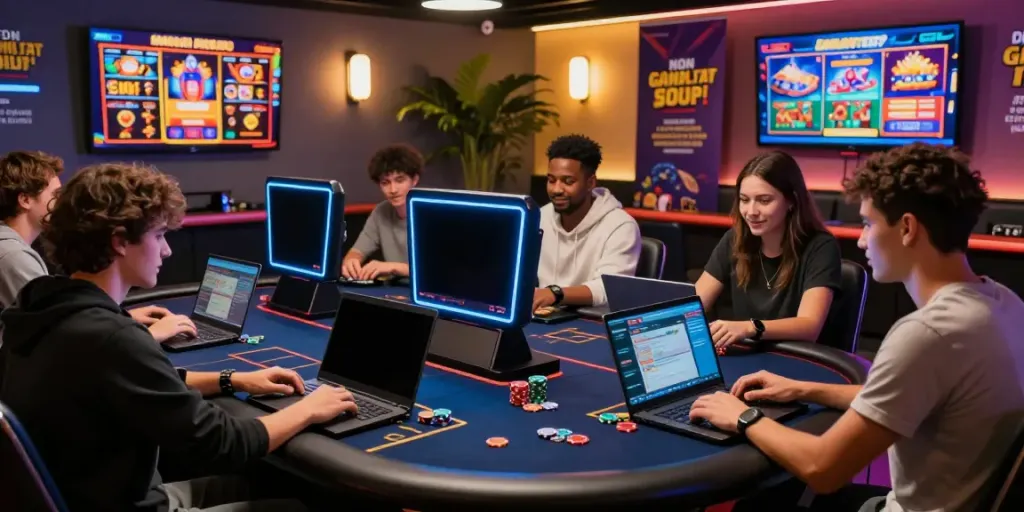 Diverse friends engaged in gaming at non GamStop casinos with vibrant decor and tech.