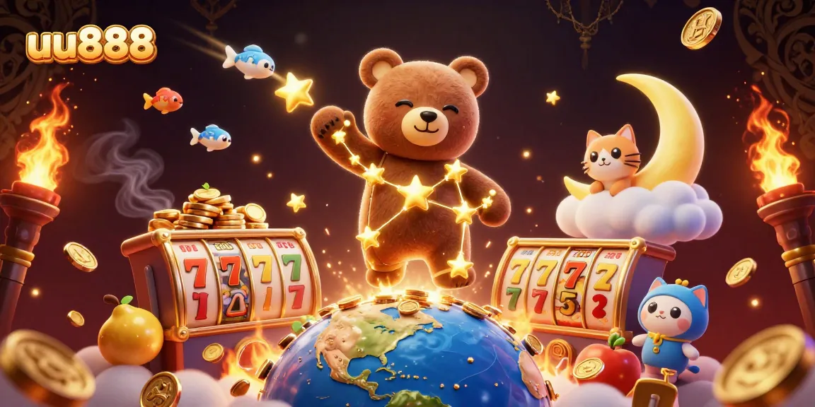 uu888 thematic illustration depicting a golden constellation bear collecting coins from Earth, vibrant slot game elements