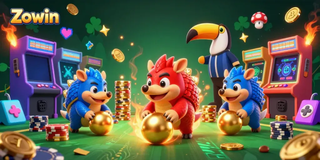 Experience the thrilling Zowin gaming showdown with vibrant pangolins, poker chips, and arcade action.