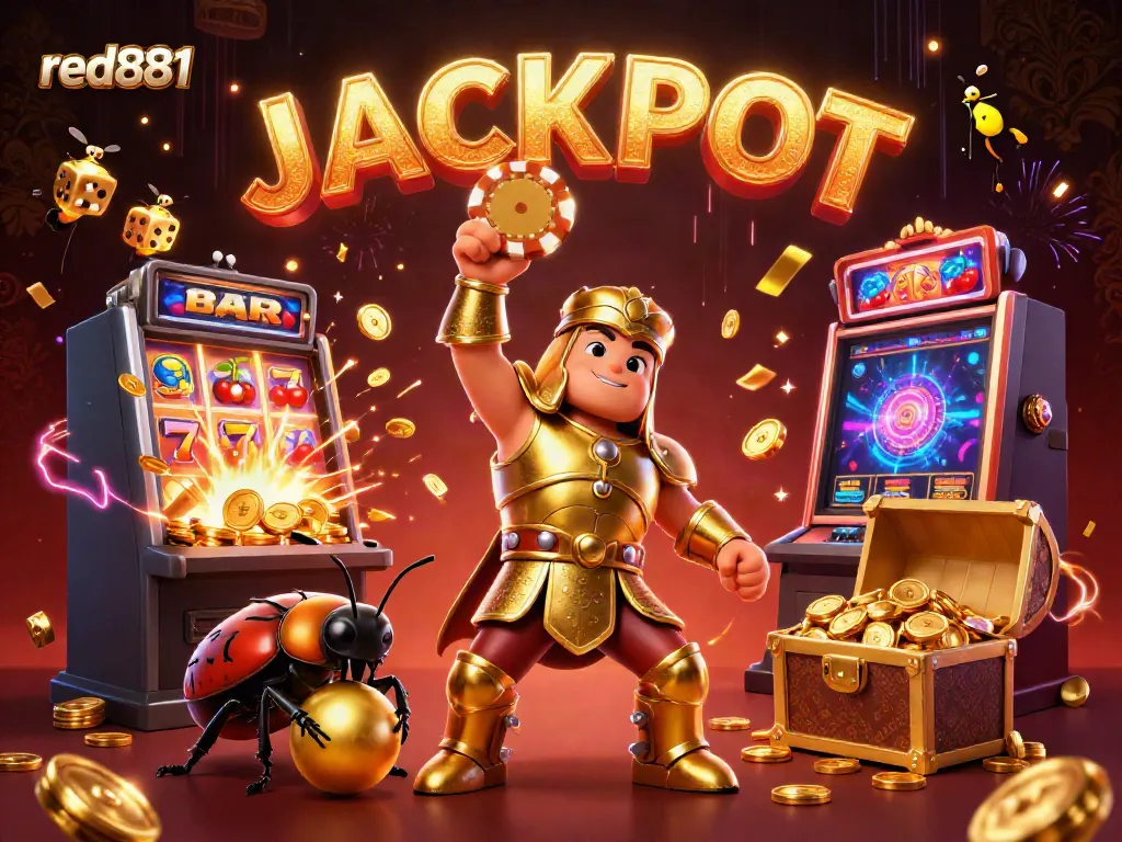 Experience the thrill of winning at red881 with a vibrant jackpot celebration scene featuring unique characters and dynamic casino elements.