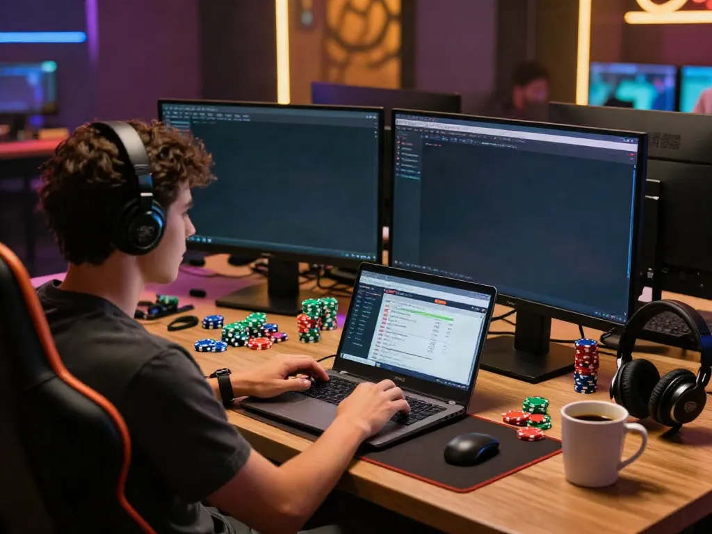 Engaging workspace showcasing non GamStop casinos with modern computers and gaming decor.