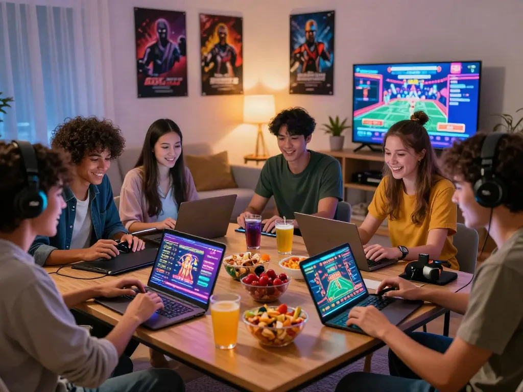 Friends enjoying games at non GamStop casinos in a cozy setting with snacks and drinks.