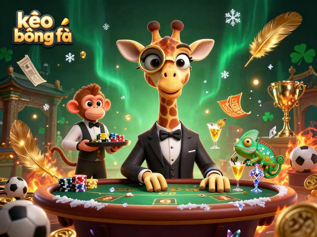 Experience kèo bóng đá excitement as a high-roller giraffe enjoys a VIP poker table scene.