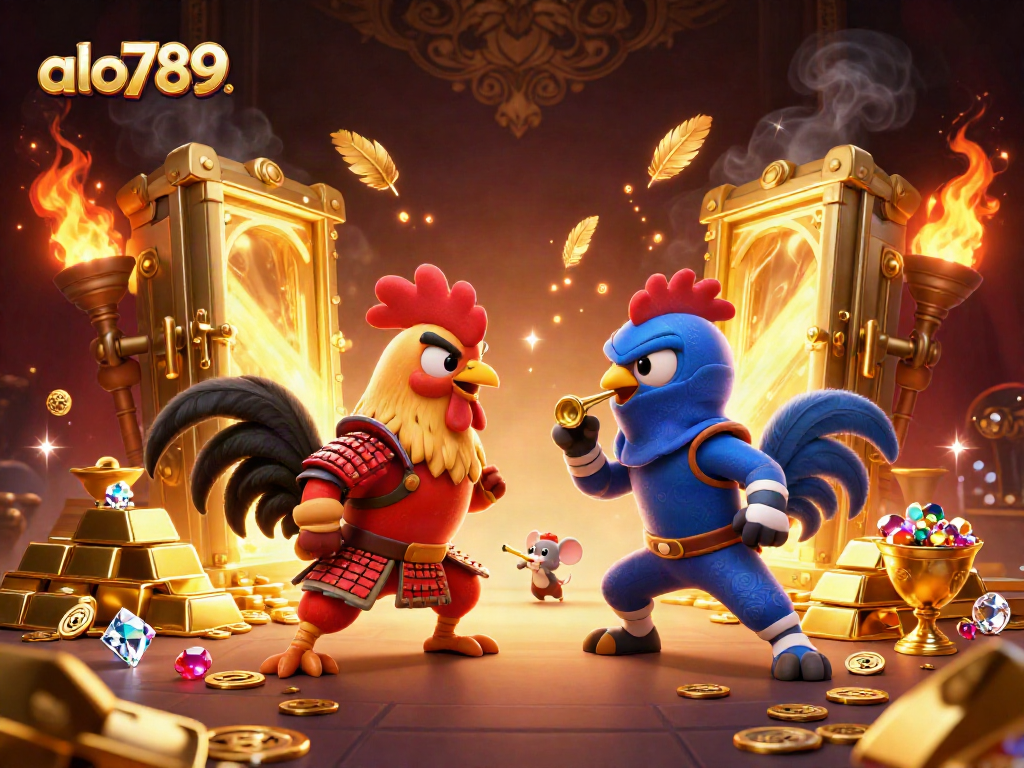 Join the excitement at alo789 as roosters clash in a thrilling 3D arena filled with gold and treasures.