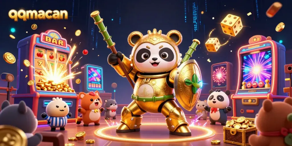 Experience thrilling gameplay with qqmacan as the golden panda battles through the casino, surrounded by jackpot excitement.