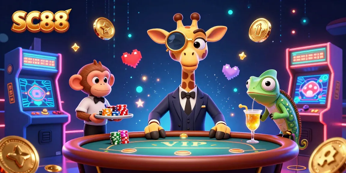 Engage in thrilling SC88 casino experiences with a high-roller giraffe at a VIP poker table.