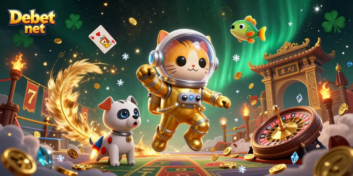 Experience thrilling adventures at Debet net with a whimsical 3D illustration of a space cat and robot dog in a vibrant casino world.