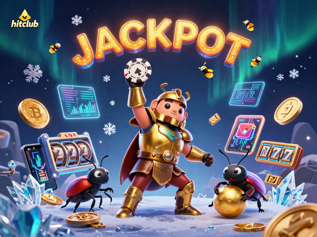 Experience the thrill of hitclub with a victorious beetle lifting a poker chip amid jackpot celebrations.