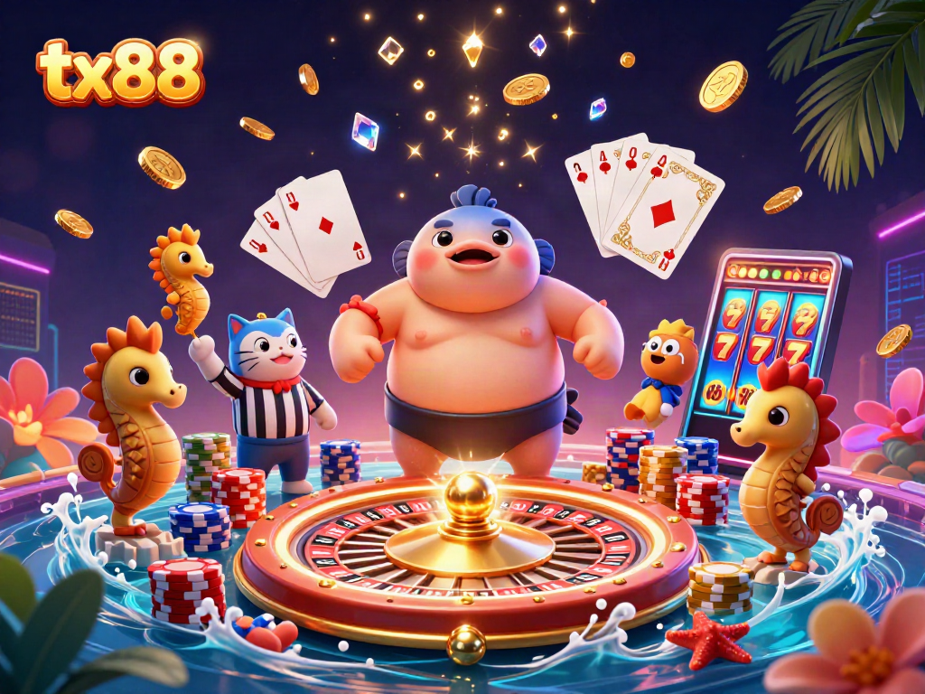 tx88 casino illustration featuring a fugu and catfish referee surrounded by poker chips and coins