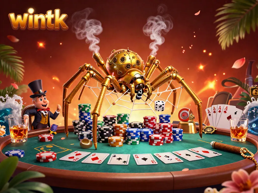 Experience the thrill of wintk casino with a steampunk spider weaving a web of poker chips.