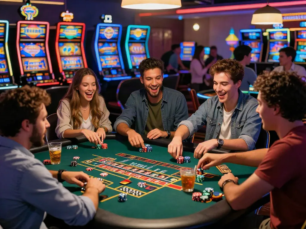Friends enjoying games at non GamStop casinos in a lively casino setting.