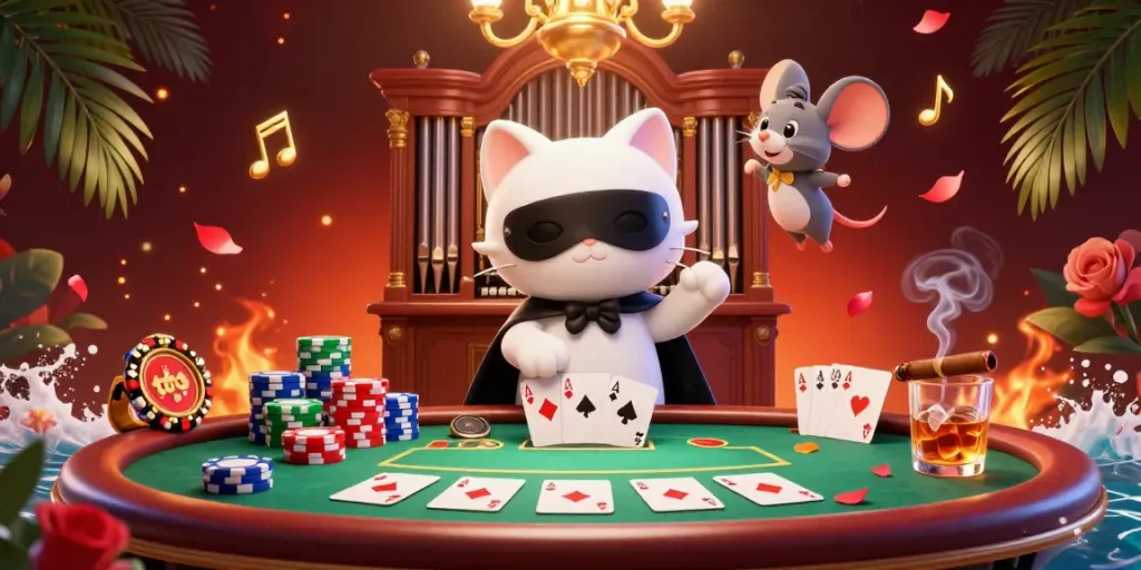 Engage in thrilling casino action with the toto-themed illustration featuring a captivating cat, poker table elements, and vibrant ambiance.