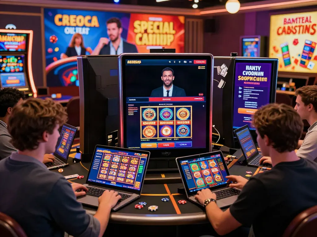 Interactive gaming scene at non GamStop casinos with diverse players using laptops and tablets.