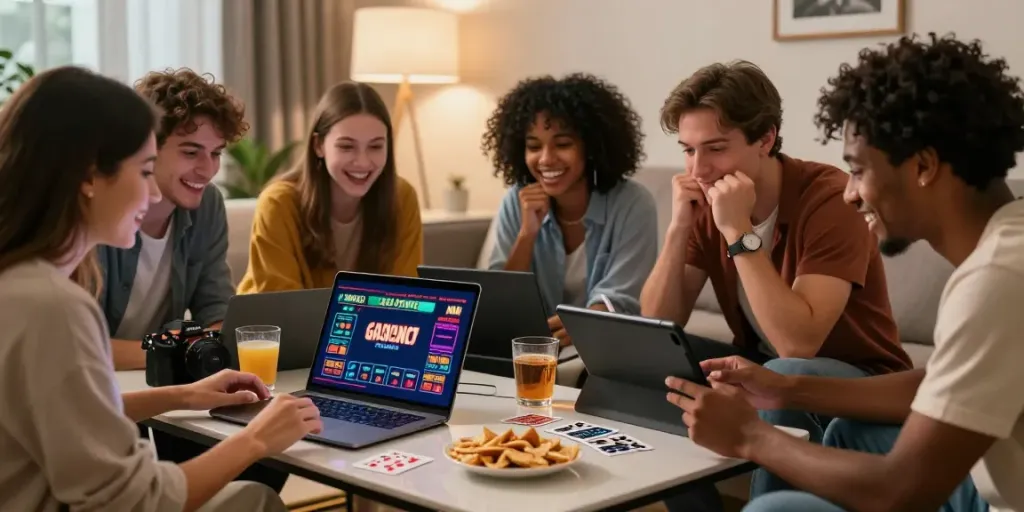 Friends excitedly browsing non GamStop casinos on a laptop in a cozy living room.
