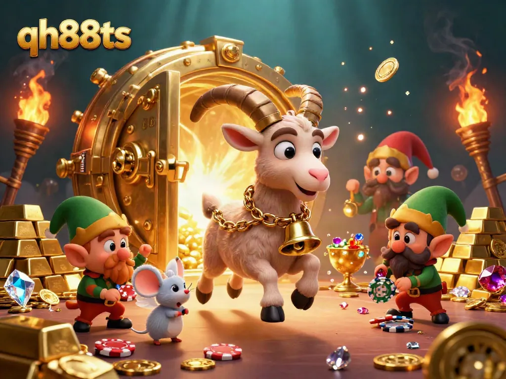 Experience thrilling gaming at qh88ts with a lively 3D cartoon casino illustration featuring unique characters and treasure.