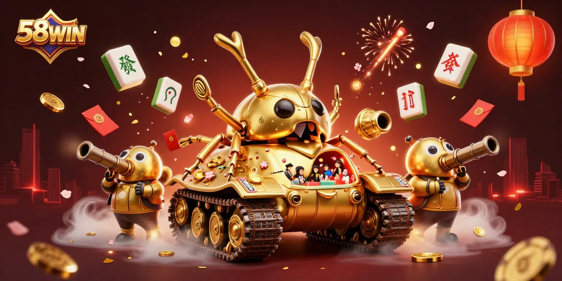 Bet on 58WIN with excitement in this vibrant casino-themed illustration featuring a golden beetle tank.