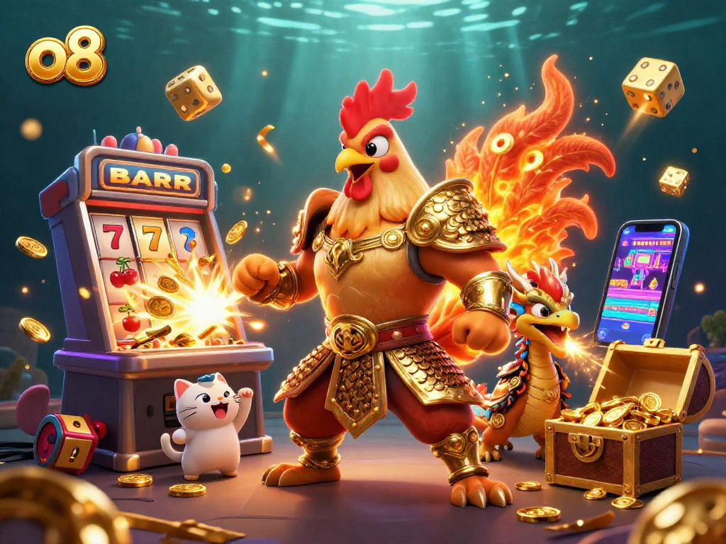 Experience the excitement and winning potential at o8 with a dynamic casino illustration featuring a samurai rooster and dragon.