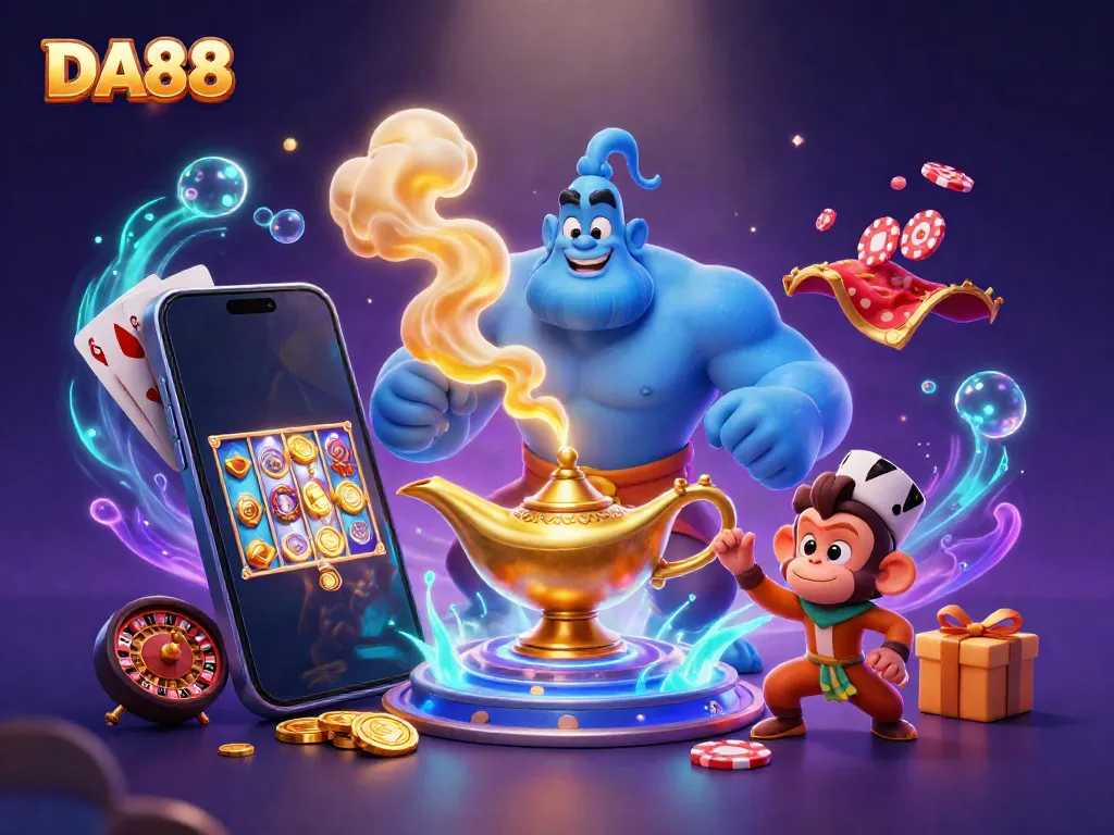 Experience the excitement of DA88 with a magical genie and casino-themed elements in this vibrant illustration.