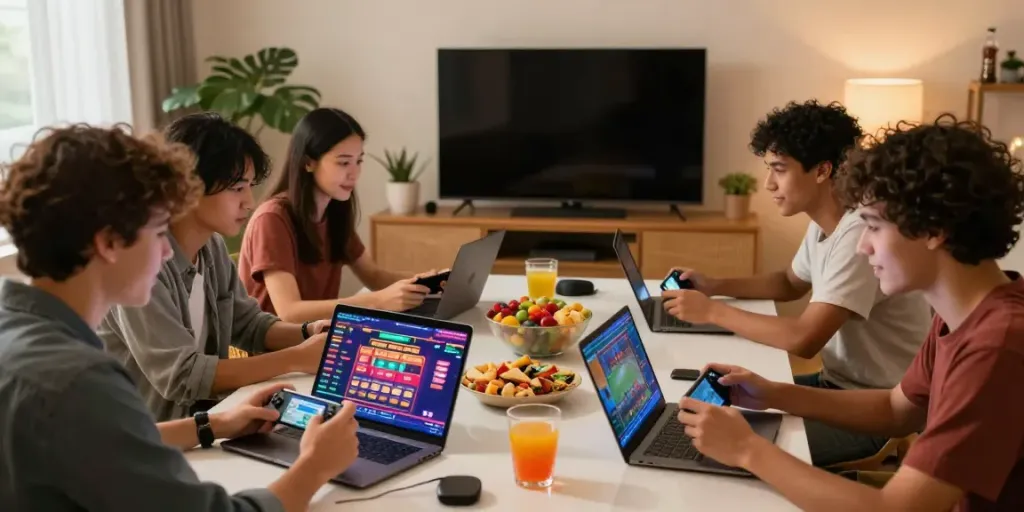 Friends enjoying gaming session exploring non GamStop casinos with snacks and devices.