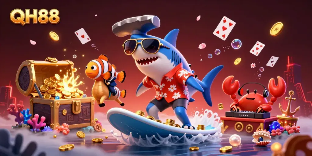 Experience the thrill of QH88 with an adventurous shark surfing on gold coins, surrounded by vibrant sea creatures.