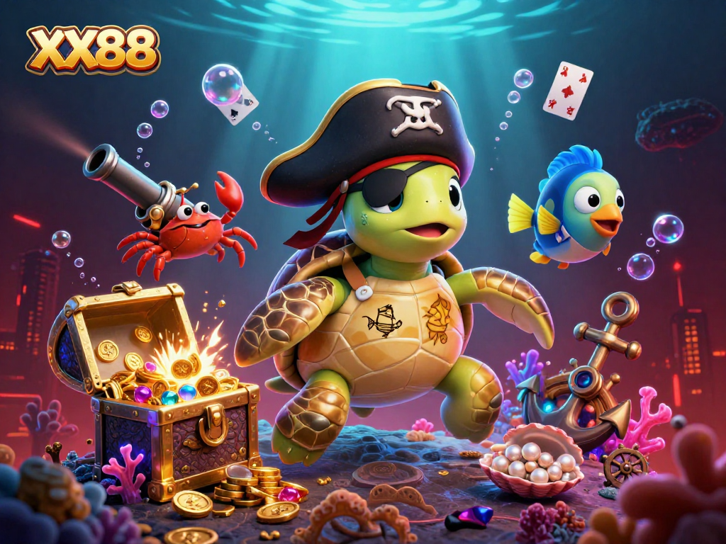 Engage with XX88’s immersive casino adventure showcasing a pirate turtle amidst treasures.