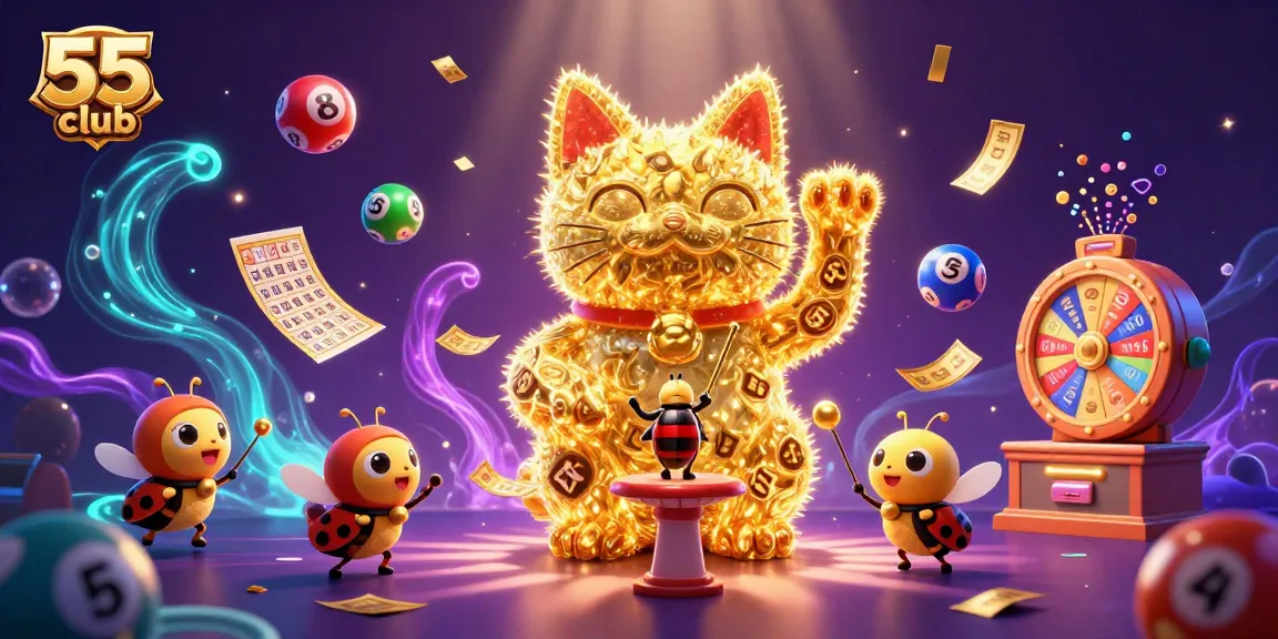 Join the fun at 55 club, where golden fireflies and colorful lottery elements create an exciting gaming atmosphere.