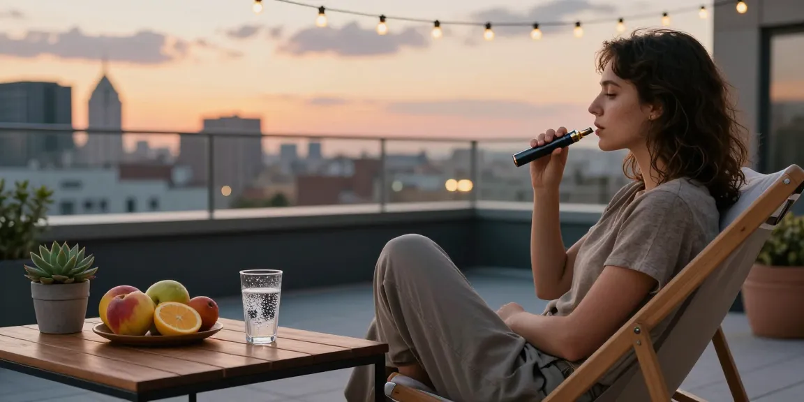 Using a sleek weed pen while relaxing on an urban rooftop at sunset.