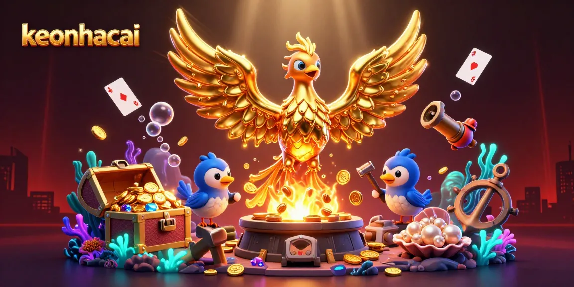 Engage with the keonhacai golden phoenix, emerging from the forge, as gold coins cascade in this vibrant casino illustration.