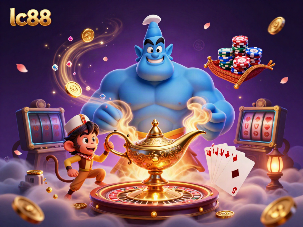Experience the thrill of lc88 with a genie, poker chips, and a colorful scene.
