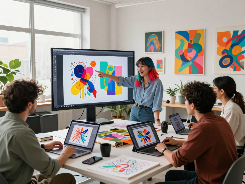 Diverse artists in a digital art studio creating NSFW AI-generated art, showcasing vibrant concepts and teamwork.
