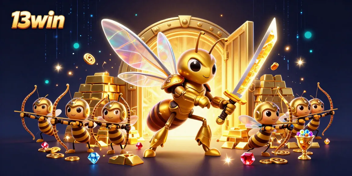 Experience the thrill of 13win with a dynamic scene of a golden hornet samurai amidst casino treasures.