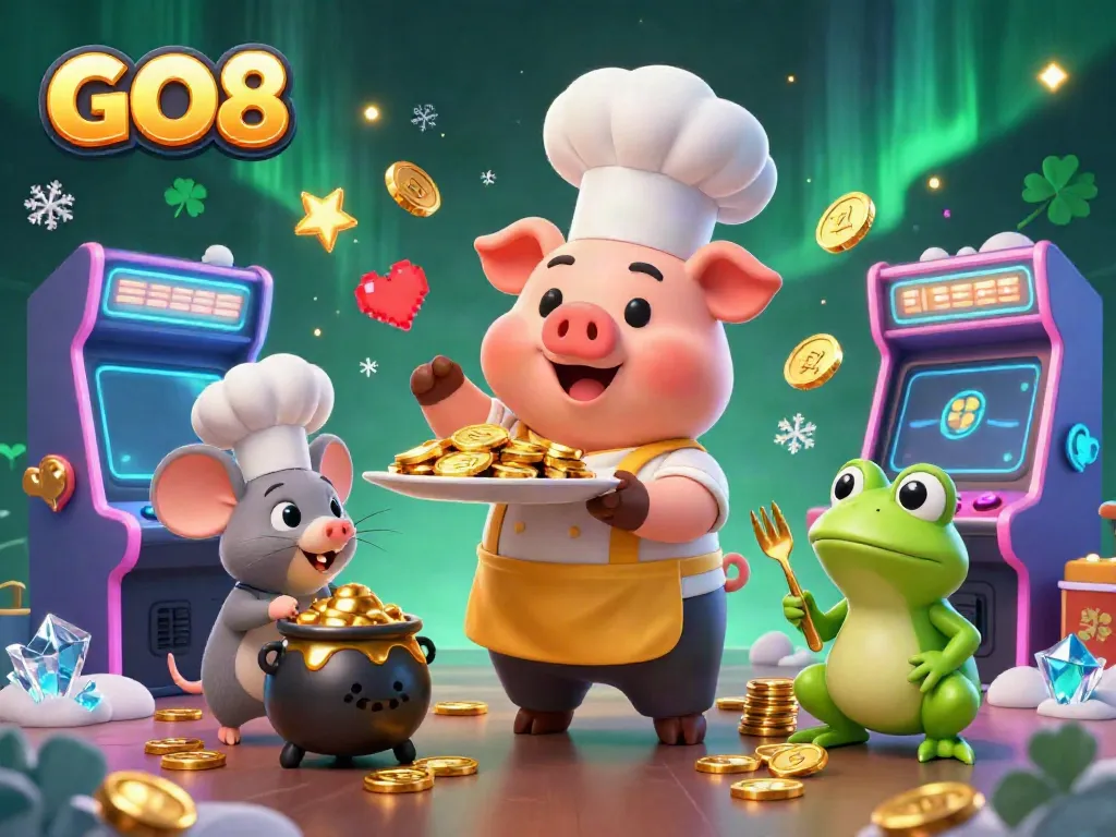 Experience thrilling entertainment at GO8 with a mesmerizing scene of a chef pig serving gold coins surrounded by arcade and casino elements.