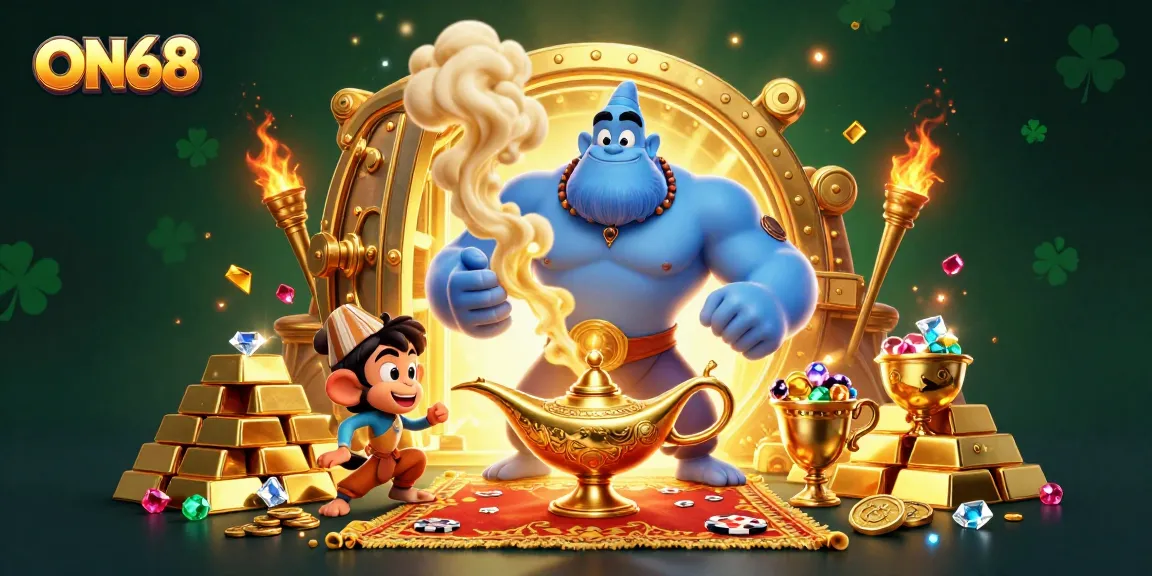 Engage with ON68's vibrant 3D casino scene featuring a talented genie, treasure vaults, and playful imagery.