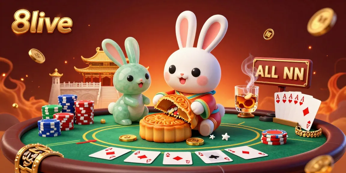Experience thrilling poker action with 8live featuring a dynamic scene of a moon rabbit, poker chips, and vibrant gameplay elements.