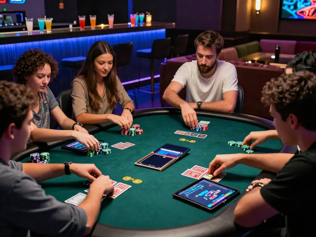 Exciting gaming atmosphere at non GamStop casinos with friends around a poker table.