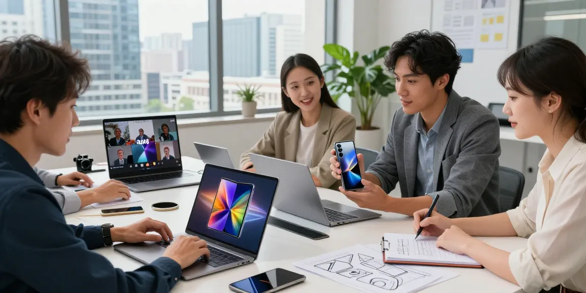 Discussion on foldable phones 2026 at a tech workspace with diverse professionals and modern devices.