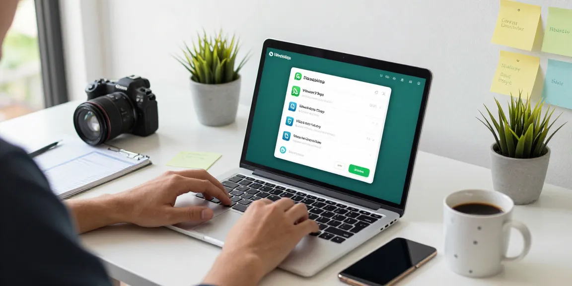 Using WhatsApp電腦版 on a sleek workspace with a laptop and smartphone, emphasizing productivity.