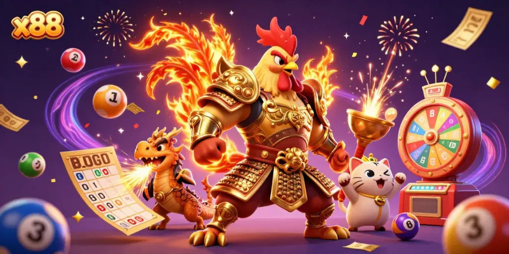 Engage with the x88 online casino experience through a vibrant illustration of energetic characters and games.