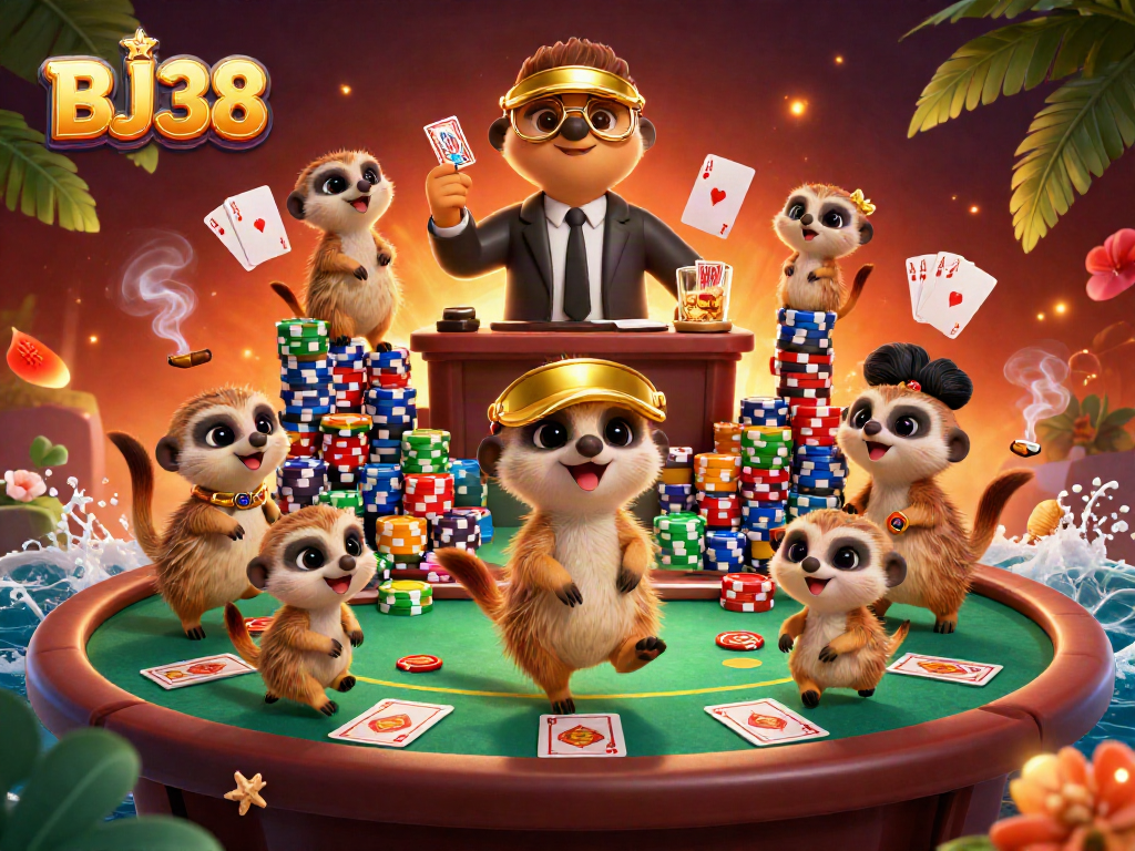 Engage with BJ38's dynamic meerkat casino operation featuring vibrant poker elements.