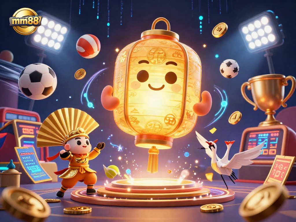 Experience excitement with mm88's vibrant casino scene featuring golden lanterns, sports elements, and dynamic visuals.