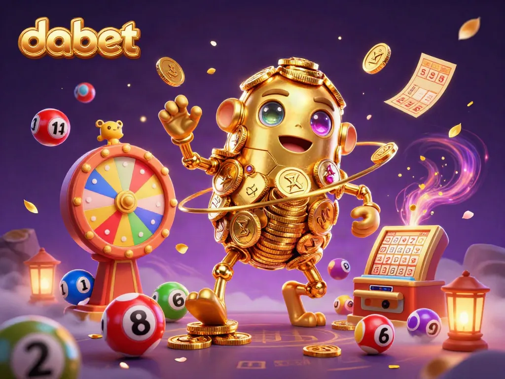 dabet’s golden golem amidst lottery balls and vibrant casino elements, creating a dynamic gambling scene.