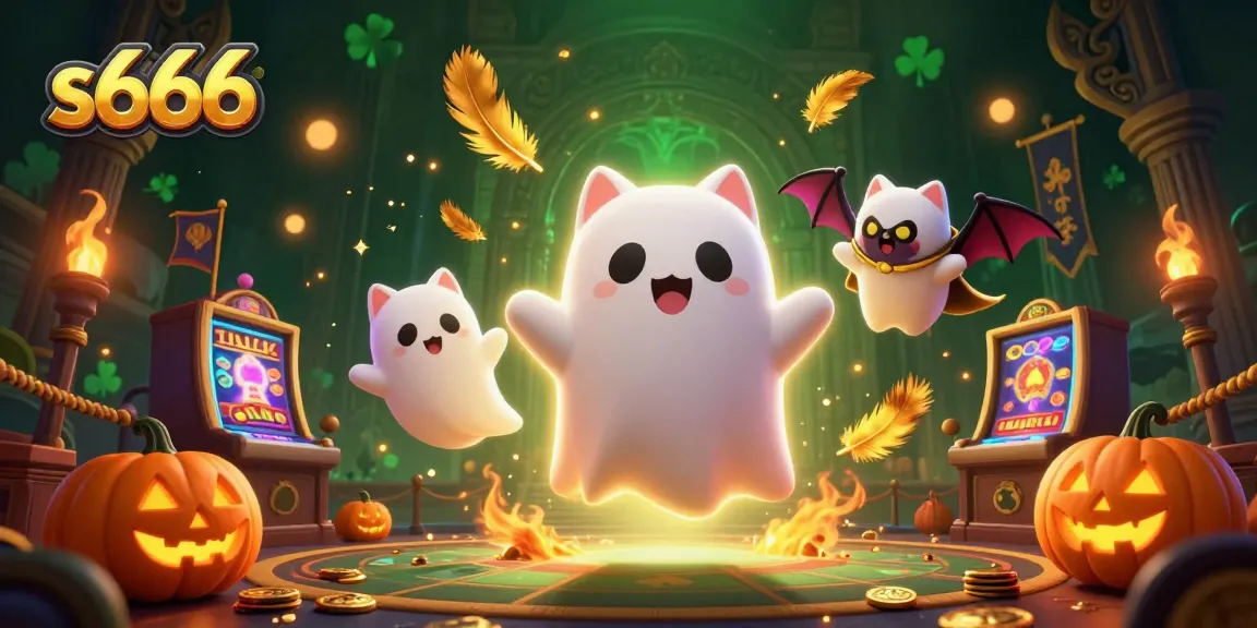 S666 players enjoy thrilling ghostly casino adventures with vibrant characters amidst glowing gold coins.
