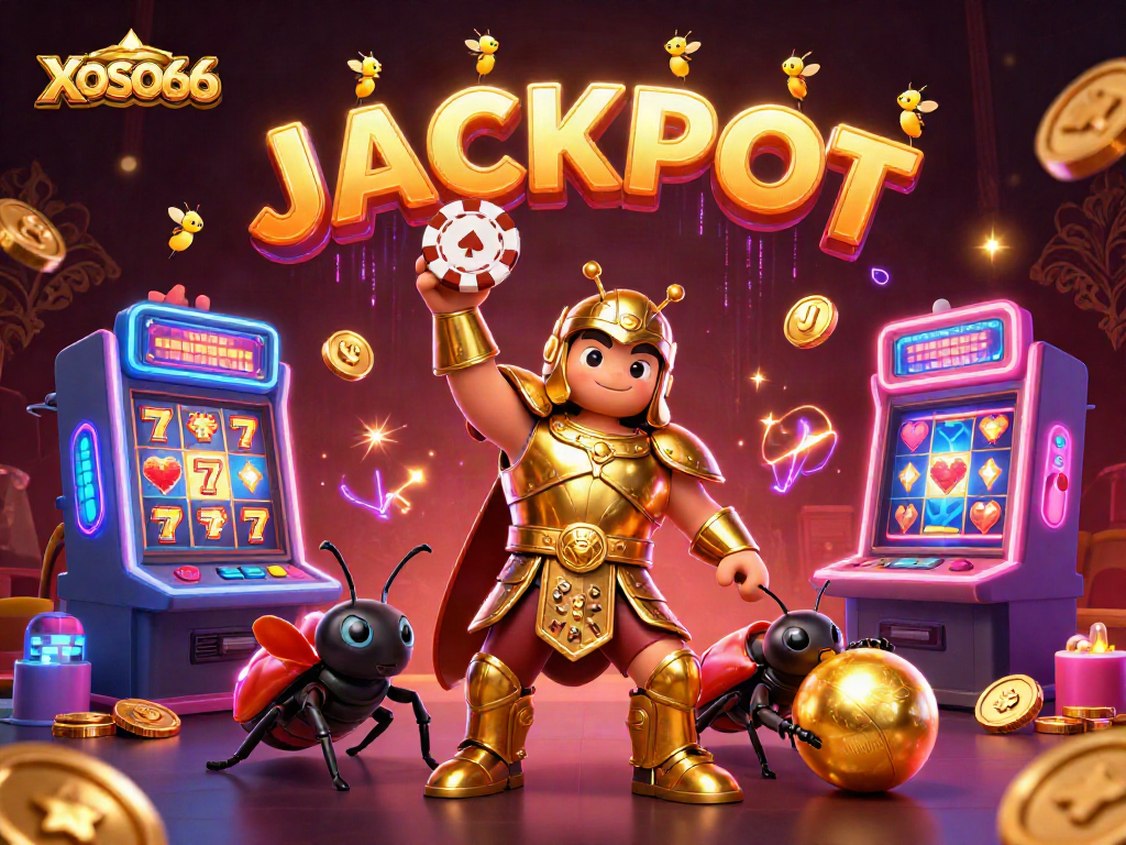 Experience the thrill of XOSO66 with a victorious beetle lifting a poker chip in a dynamic casino scene.