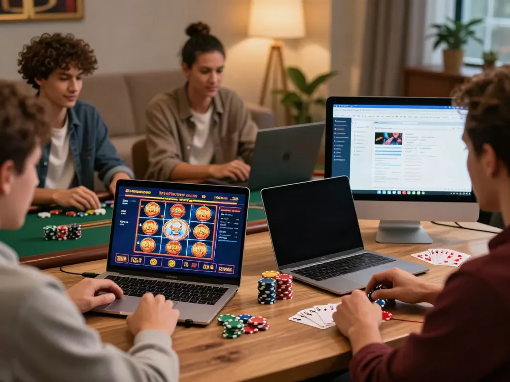 Engaging scene of players exploring non GamStop casinos with laptops and smartphones in a cozy gaming room.