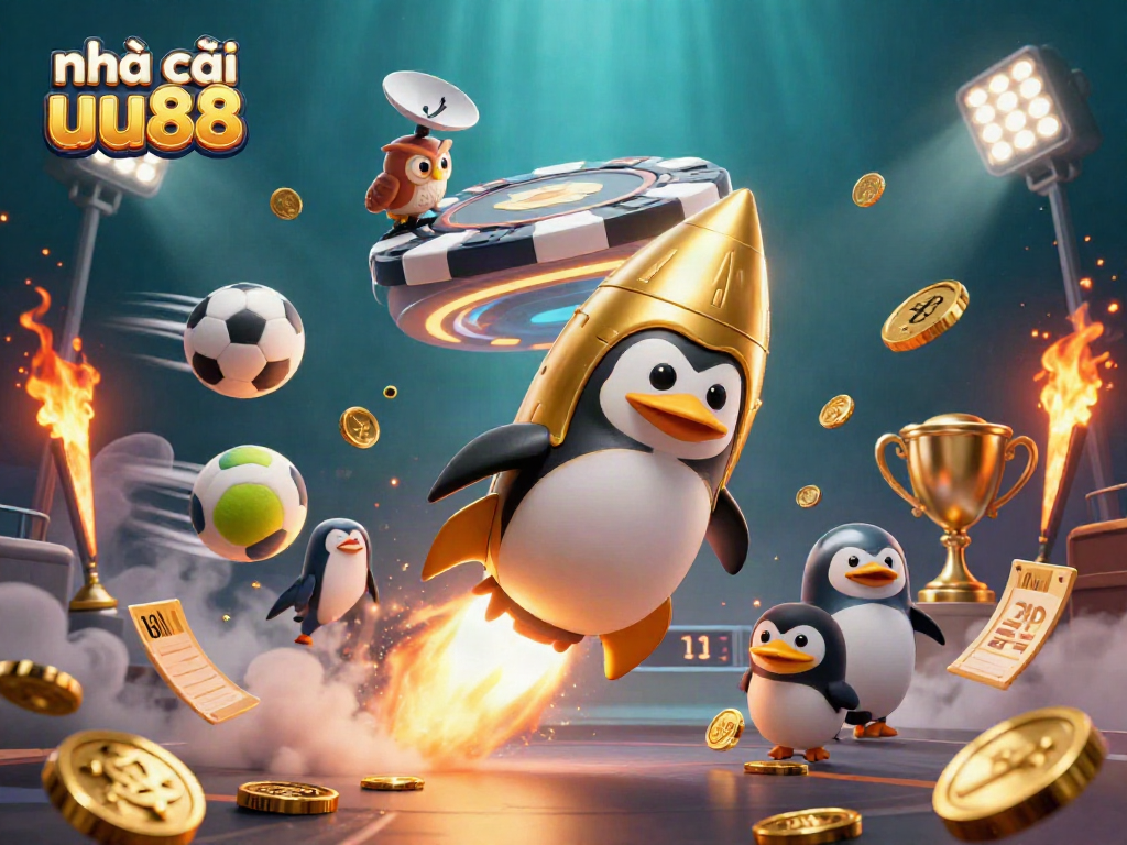 Engage with nhà cái uu88 as a golden penguin soars towards a casino space station amidst dynamic sports elements.