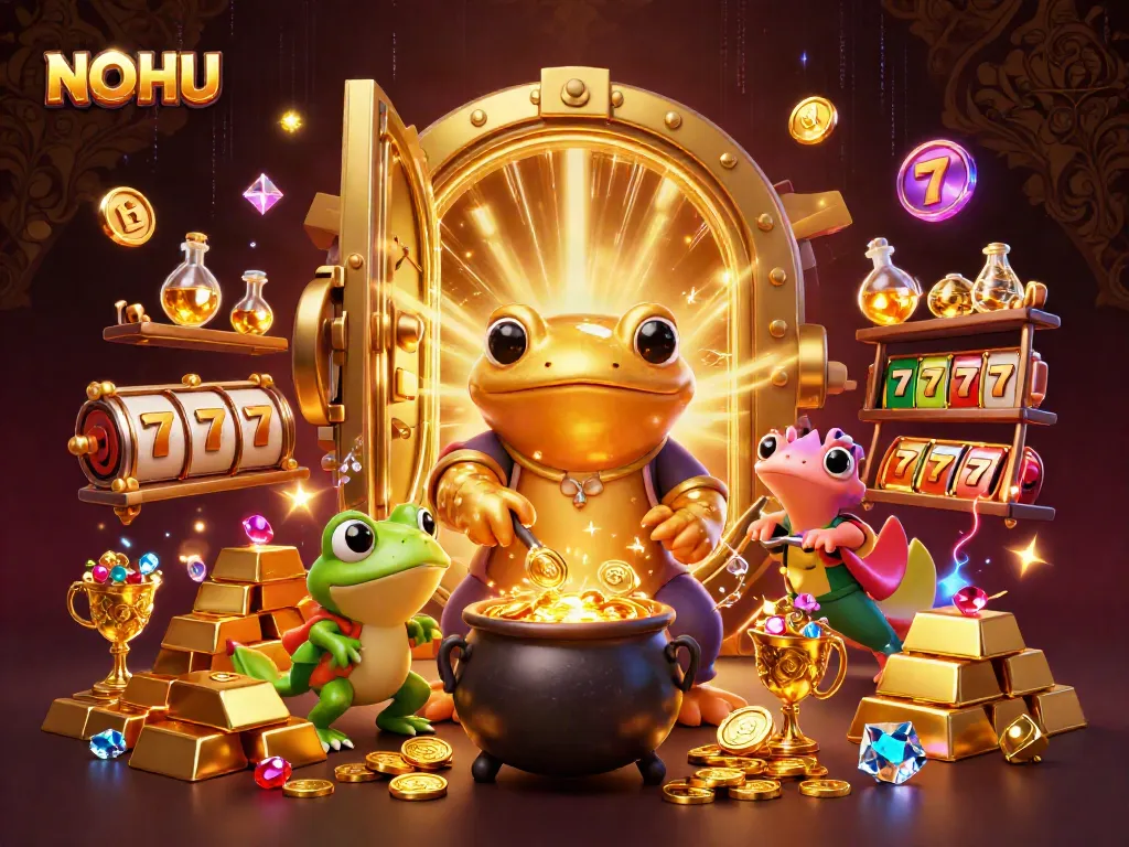 NOHU captivates players with golden treasures in a dynamic 3D casino scene, showcasing luck and excitement.