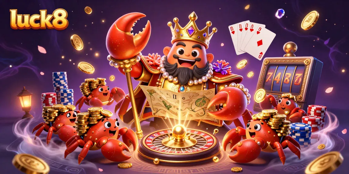 Experience thrilling gameplay with luck8, featuring a golden crab emperor and vibrant casino elements.