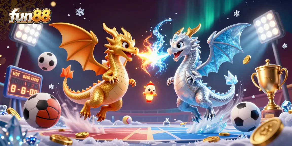 Engage with fun88's thrilling 3D casino scene featuring golden and silver dragons amid sports elements.